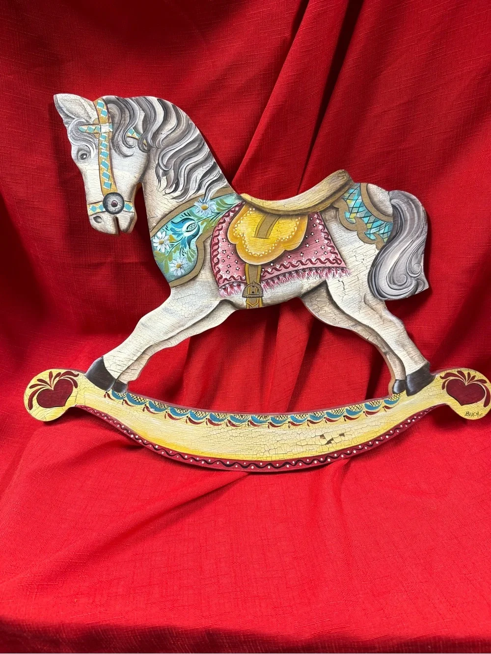 Vintage Decorative Painted Rocking Horse Wall Folk  Art Nursery Wall Hanging